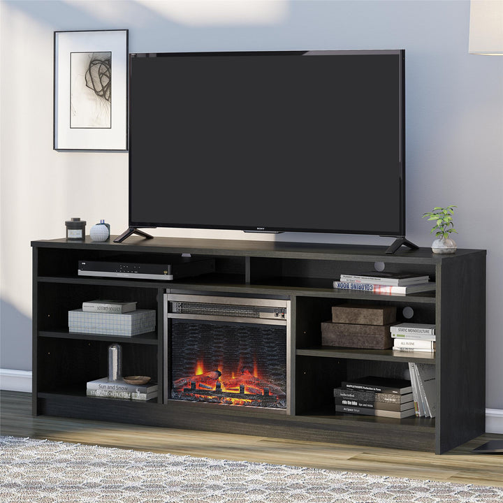 Hendrix 65 Inch TV Stand with Electric Fireplace Insert and 6 Shelves - Black Oak