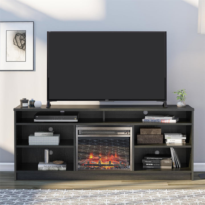 Hendrix 65 Inch TV Stand with Electric Fireplace Insert and 6 Shelves - Black Oak