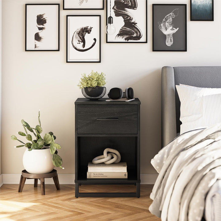 small modern night stand with 1 drawer  - Black Oak