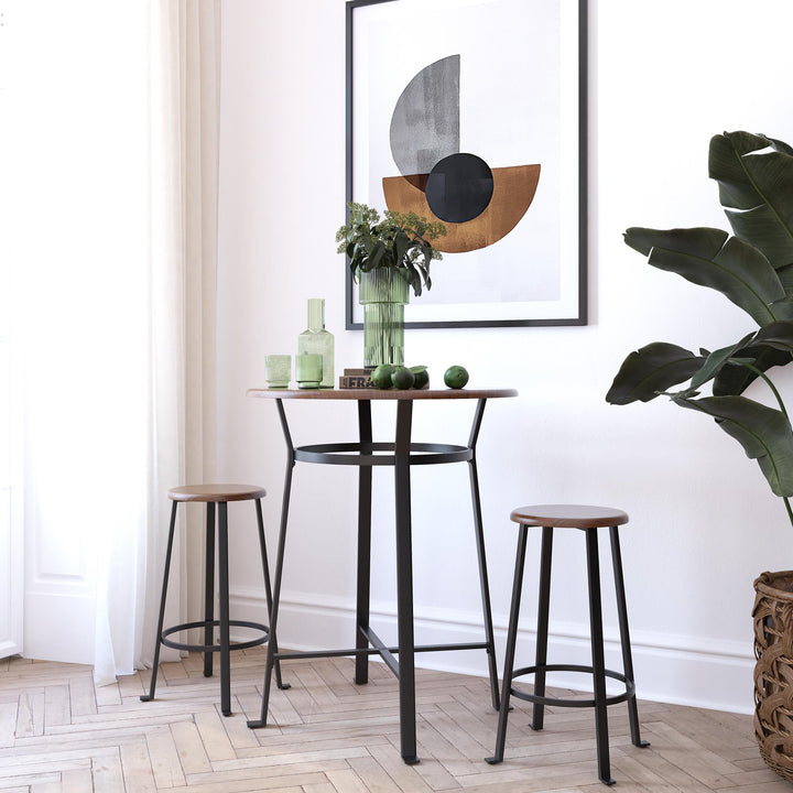 Montgomery Industrial 3-Piece Dining Set with Circular Table and 2 Bar Stools - Dark Mahogany