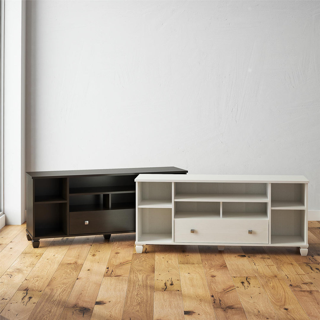 64" TV stand with open shelves and drawer - White