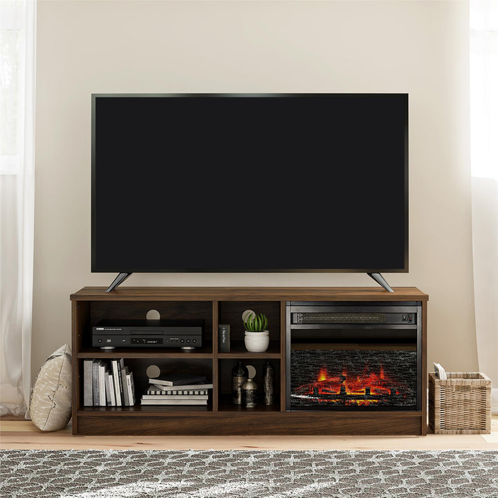 Noble Asymmetrical 55 Inch TV Stand with Electric Fireplace Insert and 4 Shelves - Walnut
