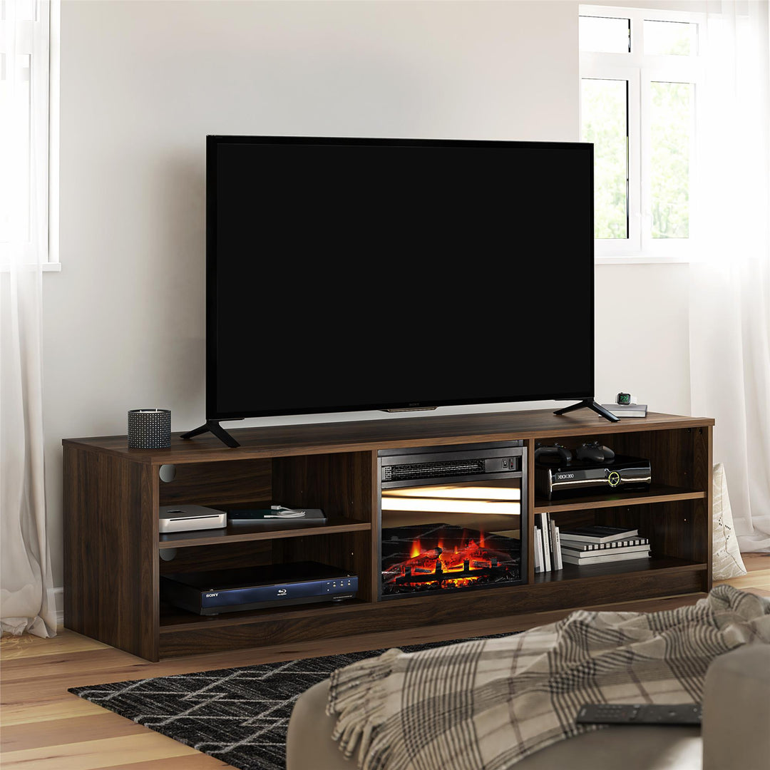 Noble 75 Inch TV Stand with Electric Fireplace Insert and 4 Shelves - Walnut