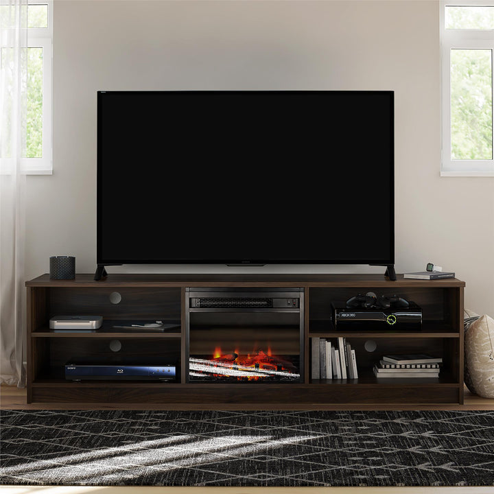 Noble 75 Inch TV Stand with Electric Fireplace Insert and 4 Shelves - Walnut