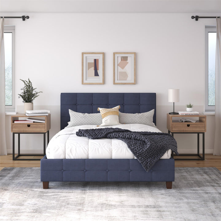 Rose Upholstered Bed with Button Tufted Detail - Blue Linen - Full