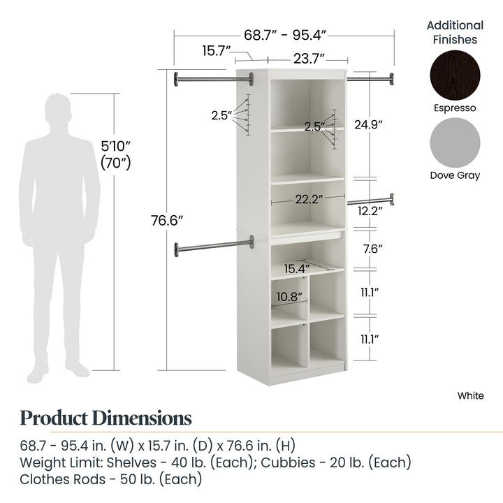 Summer Haven Closet Tower with 4 Clothing Rods, 4 Shelves and 4 Cubbies - Dove Gray