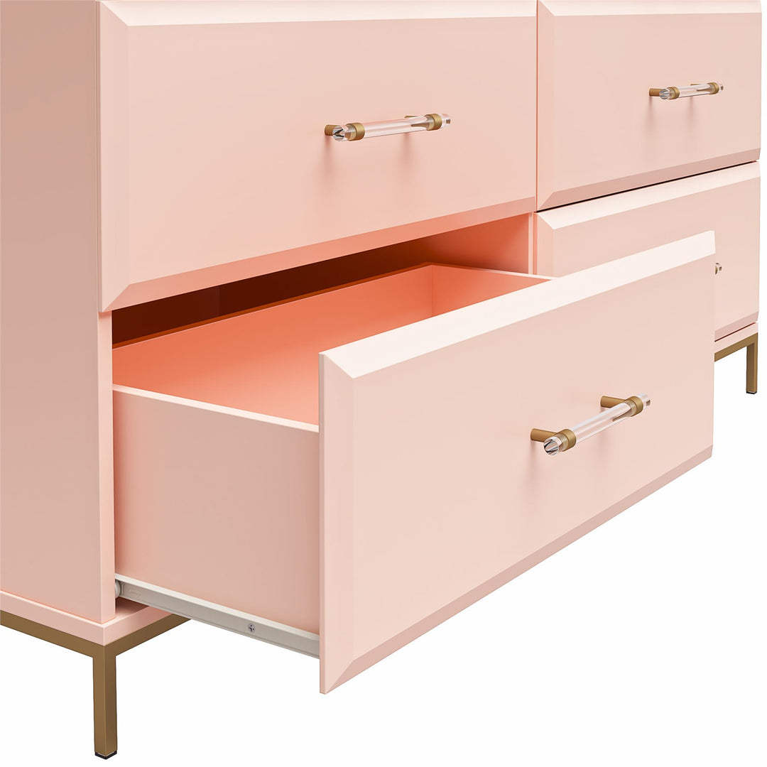Effie 6 Drawer Dresser with Lucite Gold Pulls and a Gold Metal Legs - Pale Pink