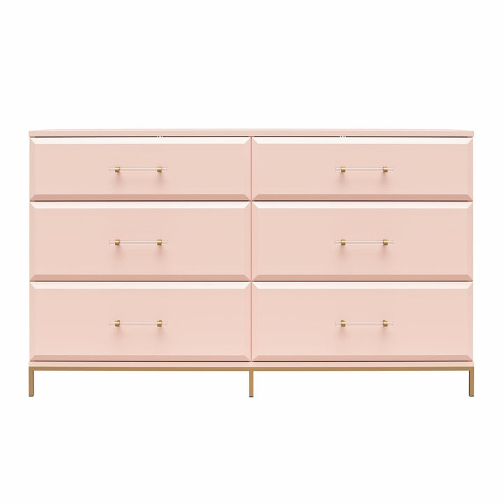 Effie 6 Drawer Dresser with Lucite Gold Pulls and a Gold Metal Legs - Pale Pink