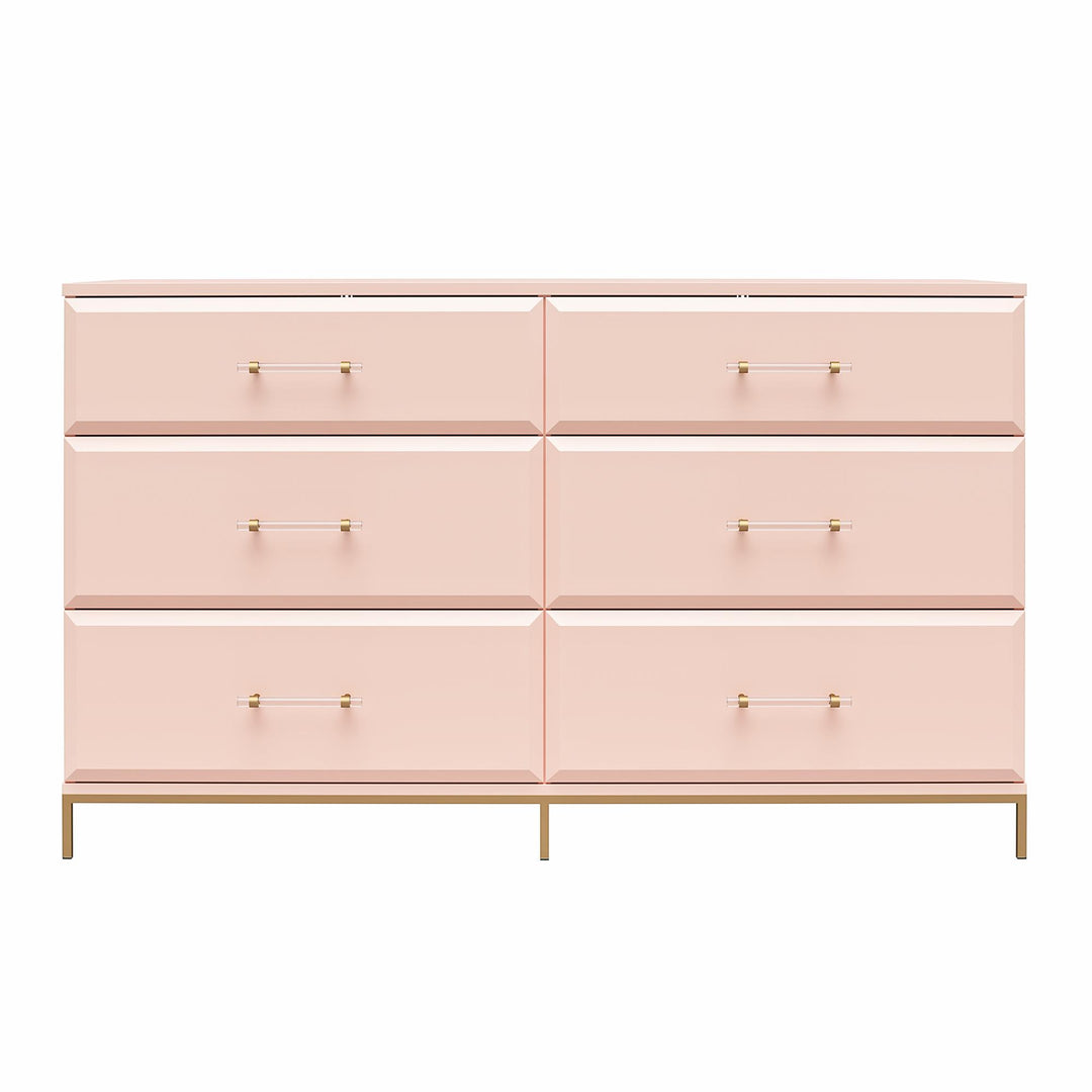 Effie 6 Drawer Dresser with Lucite Gold Pulls and a Gold Metal Legs - Pale Pink