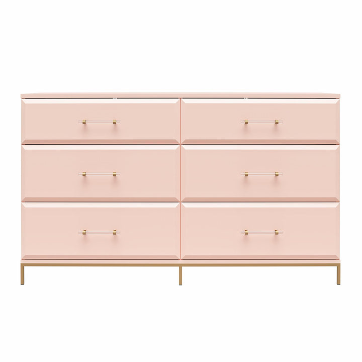 Effie 6 Drawer Dresser with Lucite Gold Pulls and a Gold Metal Legs - Pale Pink