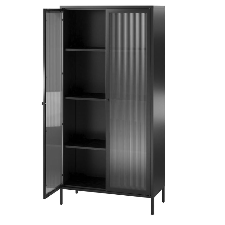 Shadwick 2 Door Tall Metal Locker Style Storage Cabinet-Fluted Glass Doors - Black