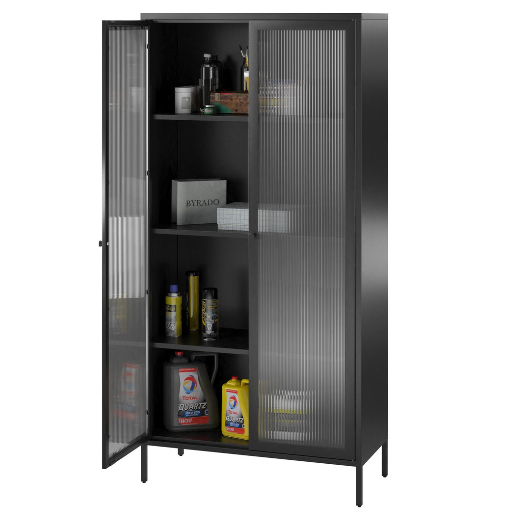 Shadwick 2 Door Tall Metal Locker Style Storage Cabinet-Fluted Glass Doors - Black