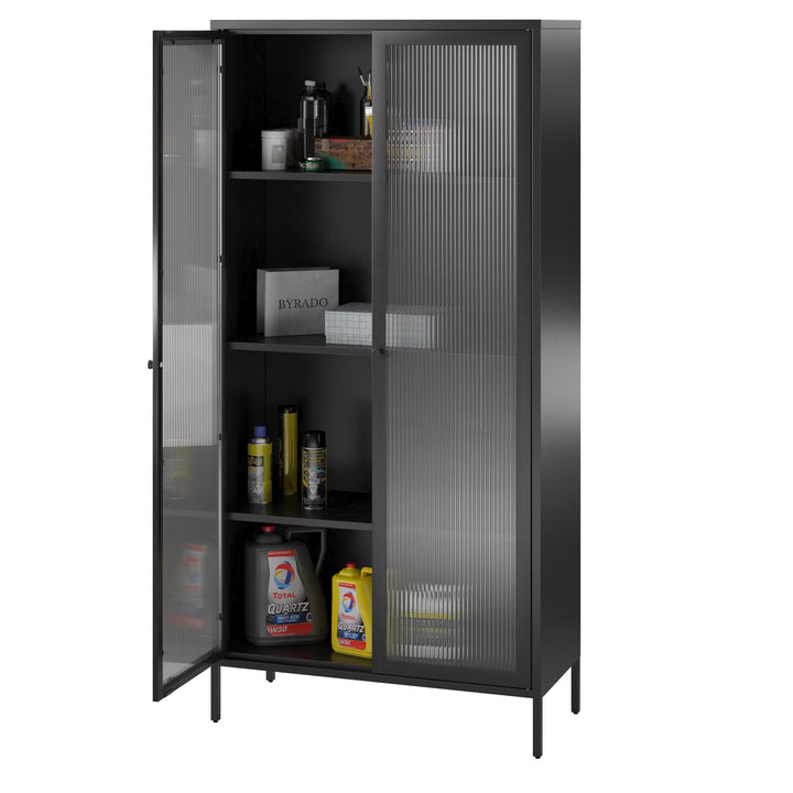 Shadwick 2 Door Tall Metal Locker Style Storage Cabinet-Fluted Glass Doors - Black