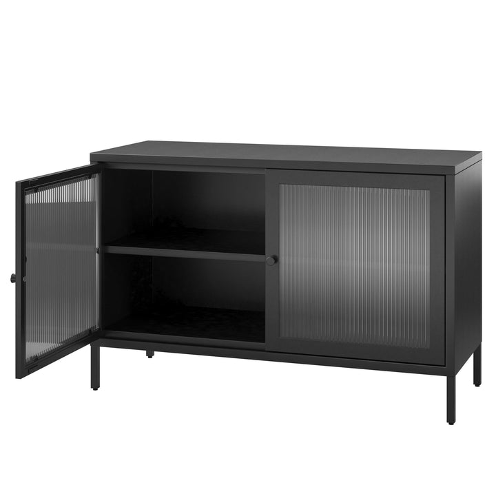 Shadwick 2 Door Wide Metal Locker Storage Accent Cabinet-Fluted Glass Doors - Black