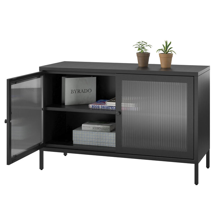 Shadwick 2 Door Wide Metal Locker Storage Accent Cabinet-Fluted Glass Doors - Black