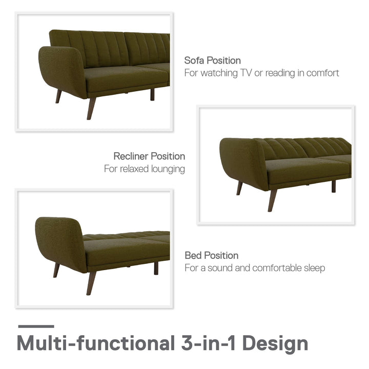 Brittany Futon with Vertical Channel Tufting and Curved Armrests - Green