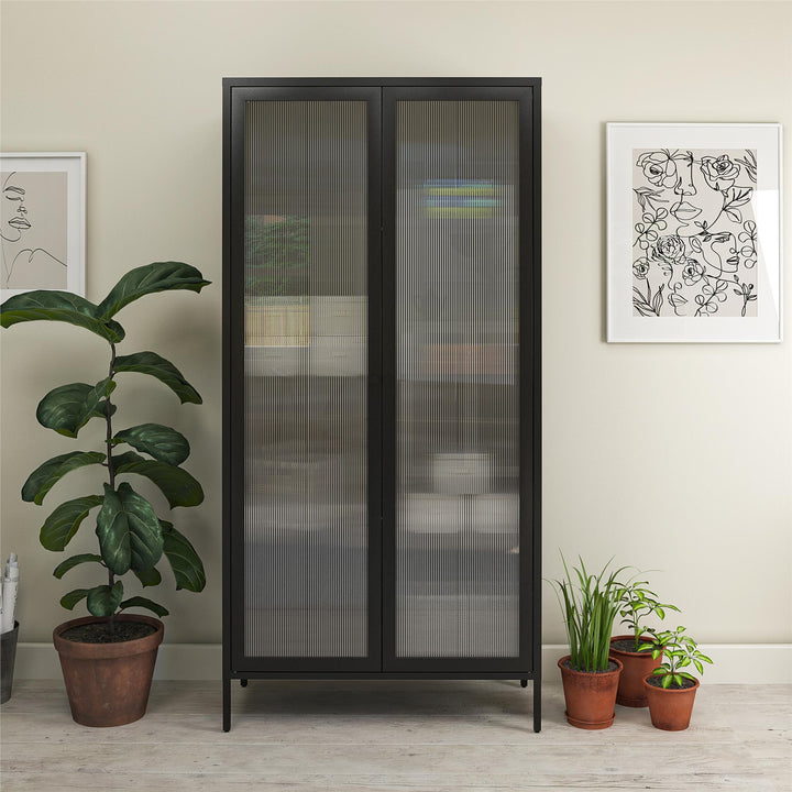 Shadwick 2 Door Tall Metal Locker Style Storage Cabinet-Fluted Glass Doors - Black
