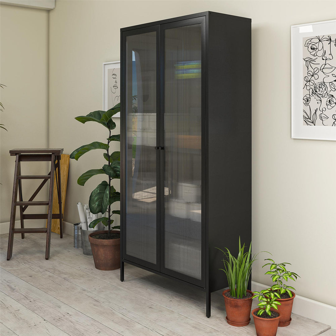Shadwick 2 Door Tall Metal Locker Style Storage Cabinet-Fluted Glass Doors - Black