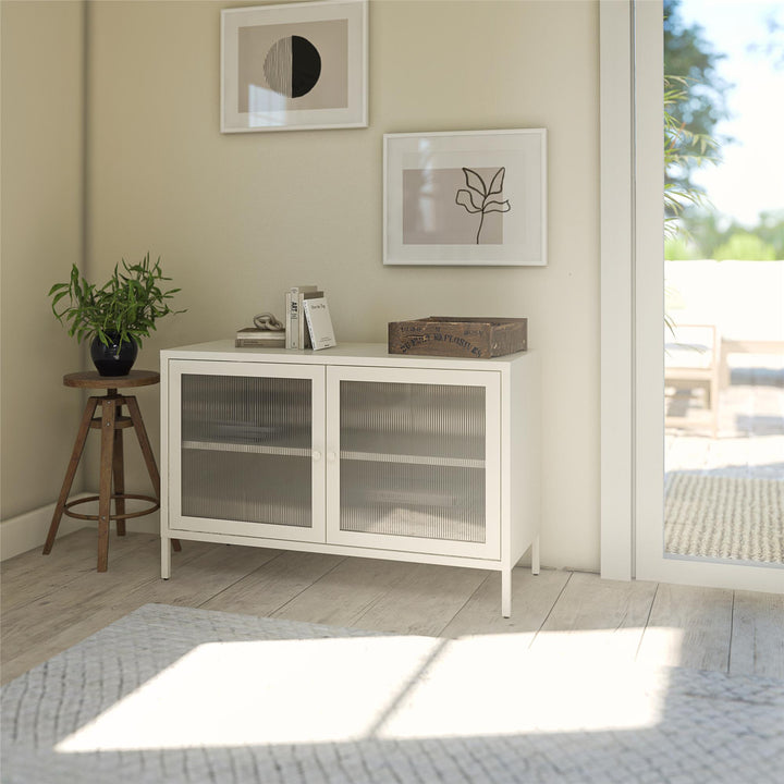 Shadwick 2 Door Wide Metal Locker Storage Accent Cabinet-Fluted Glass Doors - White