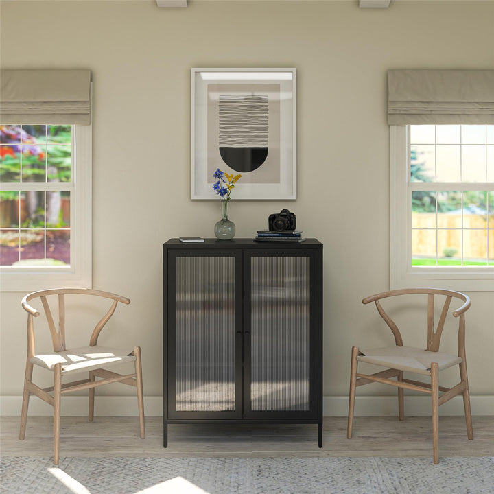 Shadwick 2 Door Metal Locker Accent Storage Cabinet-Fluted Glass Doors - Black