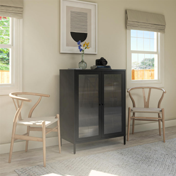 Shadwick 2 Door Metal Locker Accent Storage Cabinet-Fluted Glass Doors - Black