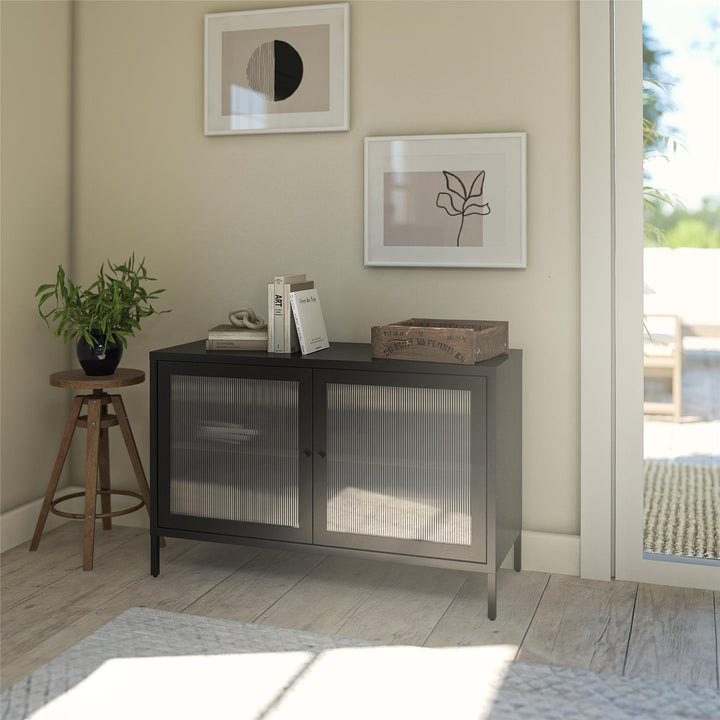 Shadwick 2 Door Wide Metal Locker Storage Accent Cabinet-Fluted Glass Doors - Black