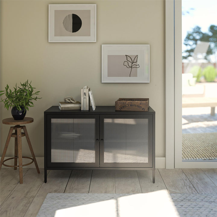 Shadwick 2 Door Wide Metal Locker Storage Accent Cabinet-Fluted Glass Doors - Black