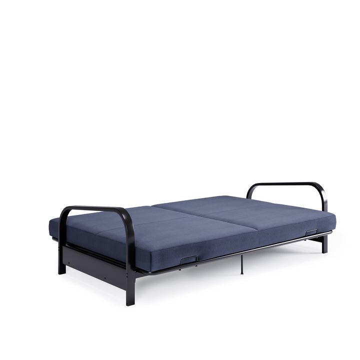 Karli Black Metal Arm Futon Frame with 6" Blue Mattress and EXTRA Black Mattress Cover - Blue