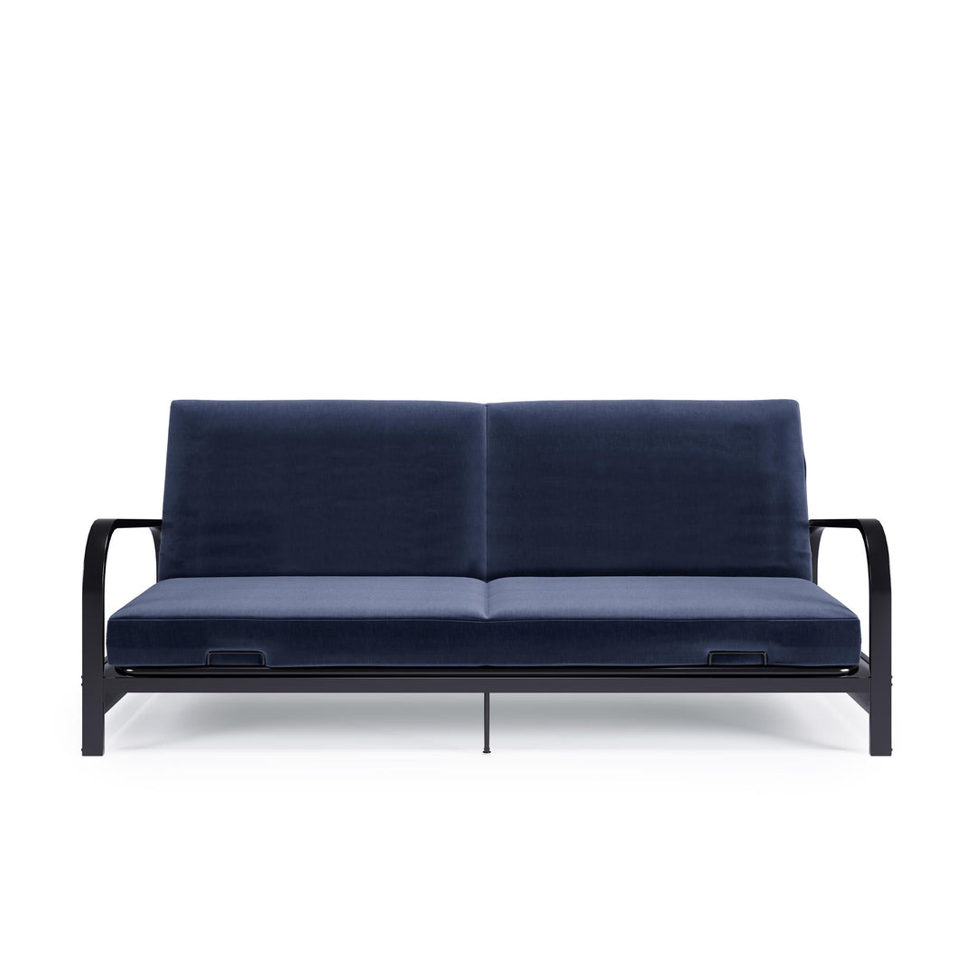 Karli Black Metal Arm Futon Frame with 6" Blue Mattress and EXTRA Black Mattress Cover - Blue