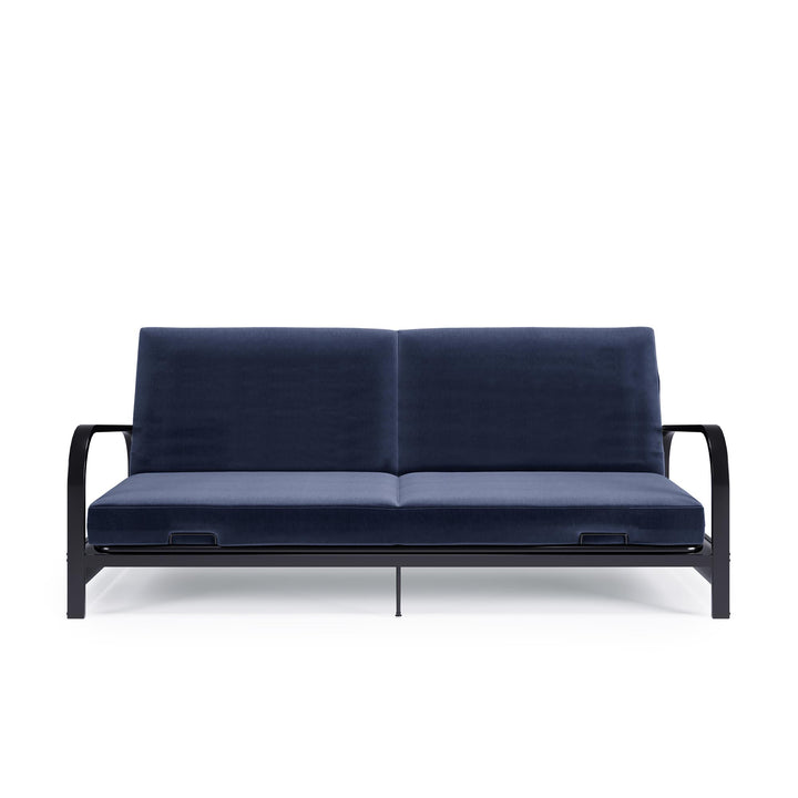 Karli Black Metal Arm Futon Frame with 6" Blue Mattress and EXTRA Black Mattress Cover - Blue