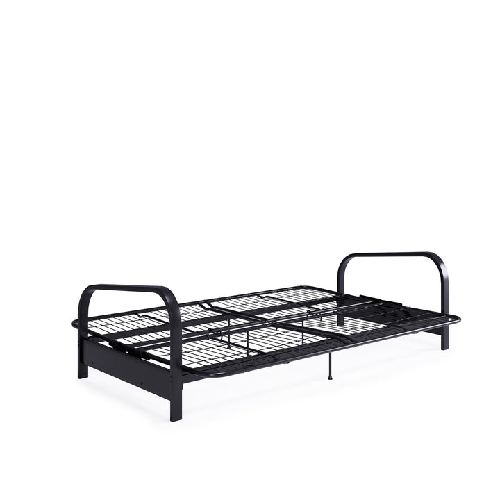 Karli Black Metal Arm Futon Frame with 6" Blue Mattress and EXTRA Black Mattress Cover - Blue