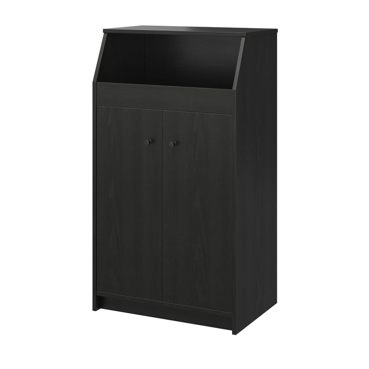 The Loft 2 Door Storage Tower with a Large Open Cubby and 2 Shelves - Black Oak