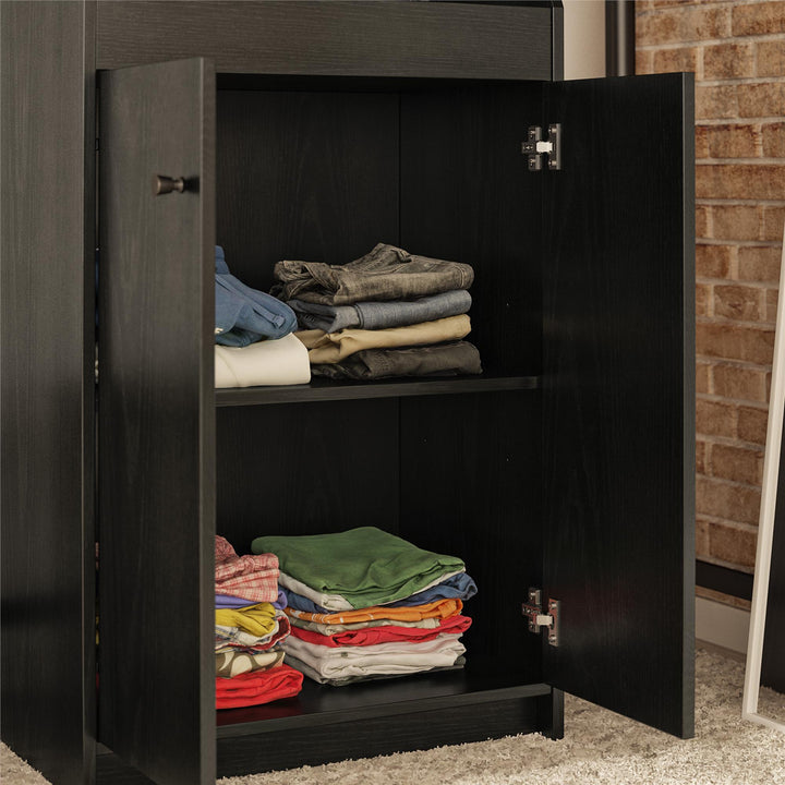 The Loft 2 Door Storage Tower with a Large Open Cubby and 2 Shelves - Black Oak
