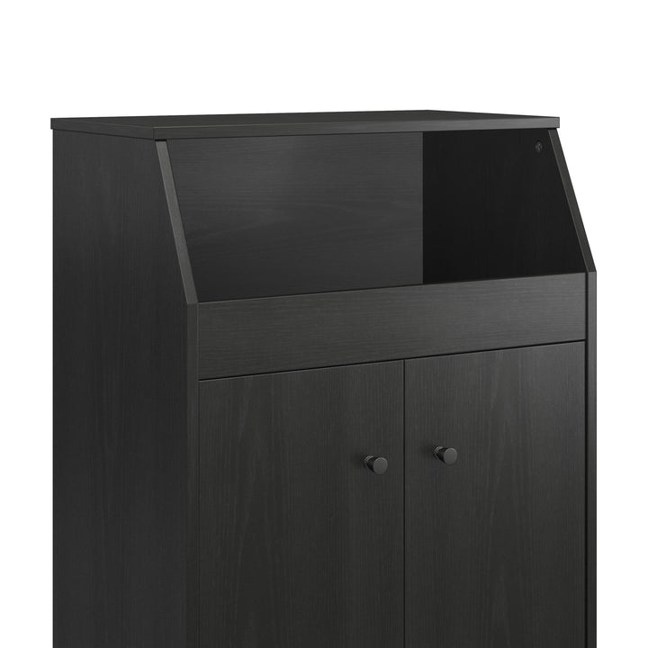The Loft 2 Door Storage Tower with a Large Open Cubby and 2 Shelves - Black Oak