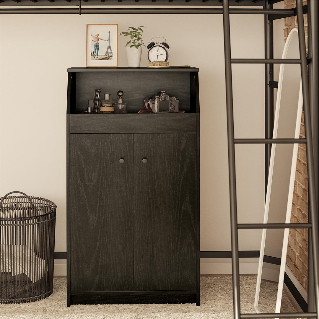 The Loft 2 Door Storage Tower with a Large Open Cubby and 2 Shelves - Black Oak