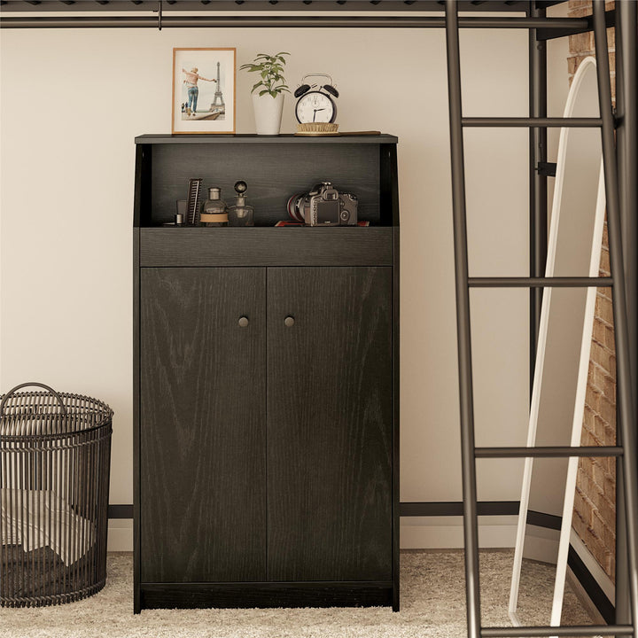 The Loft 2 Door Storage Tower with a Large Open Cubby and 2 Shelves - Black Oak