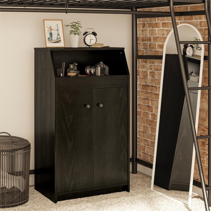 The Loft 2 Door Storage Tower with a Large Open Cubby and 2 Shelves - Black Oak