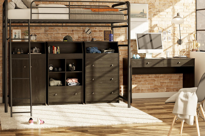 The Loft 2 Door Storage Tower with a Large Open Cubby and 2 Shelves - Black Oak
