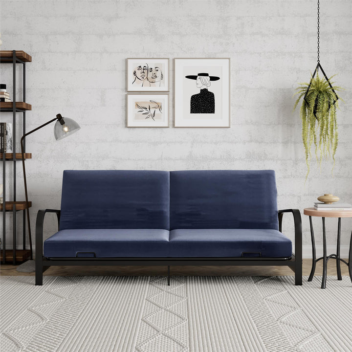 Karli Black Metal Arm Futon Frame with 6" Blue Mattress and EXTRA Black Mattress Cover - Blue