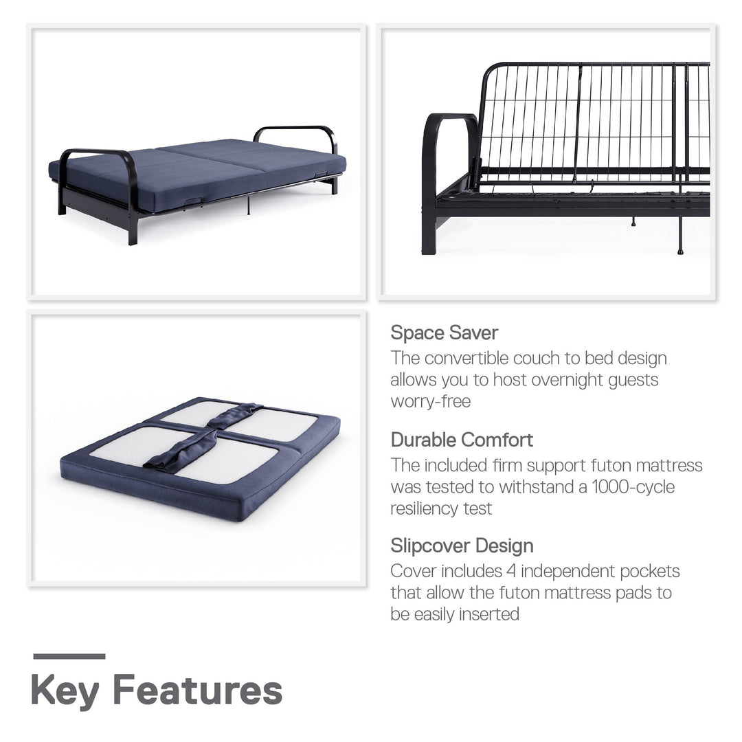 Karli Black Metal Arm Futon Frame with 6" Blue Mattress and EXTRA Black Mattress Cover - Blue