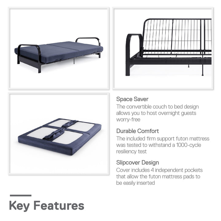 Karli Black Metal Arm Futon Frame with 6" Blue Mattress and EXTRA Black Mattress Cover - Blue