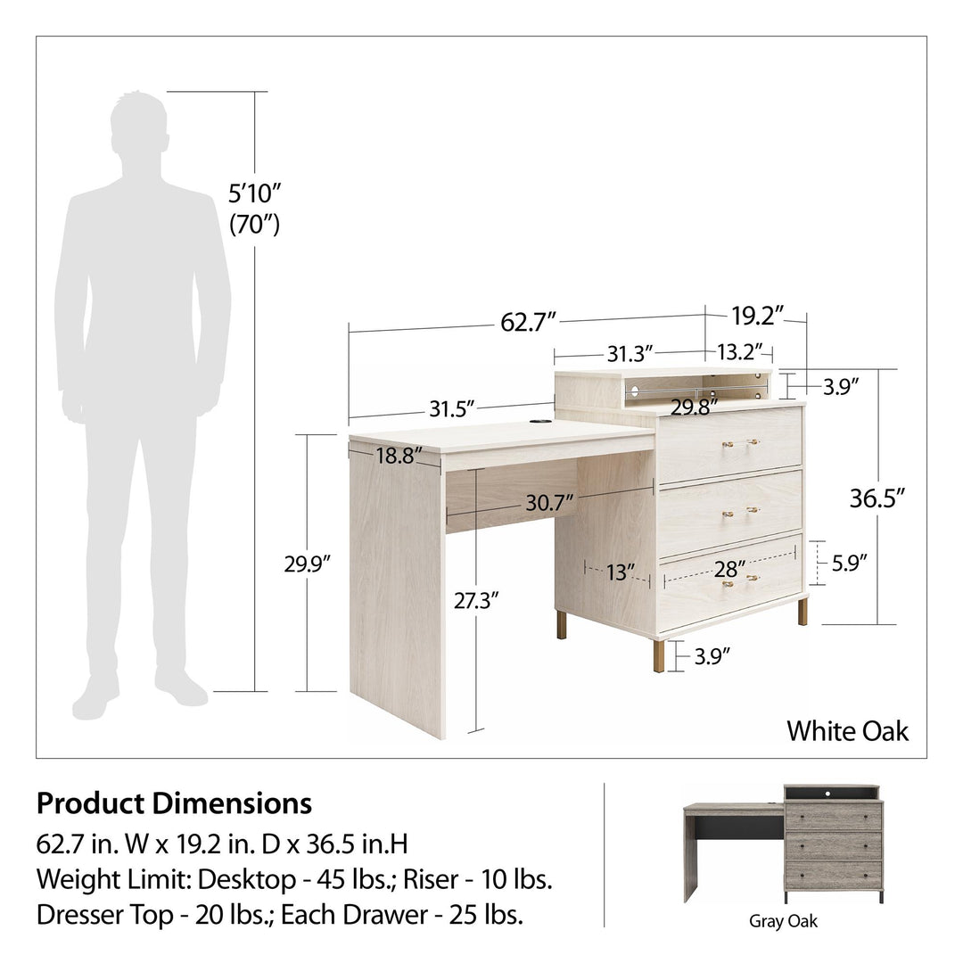 Kalissa Dresser and Desk Combo with Wireless Charger - White Oak