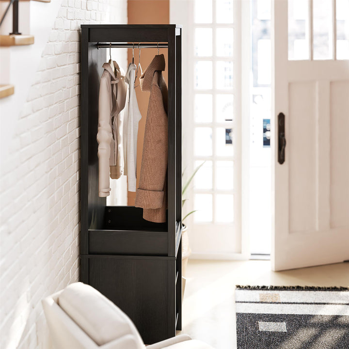 Amberly Wardrobe with Mirror, Clothing Bar and 3 Shelves - Black Oak
