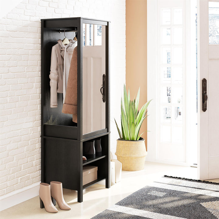 Amberly Wardrobe with Mirror, Clothing Bar and 3 Shelves - Black Oak