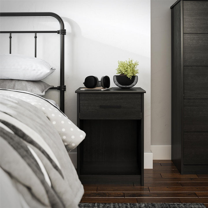 Elegant Nightstand with Drawer and Shelf -  Black Oak