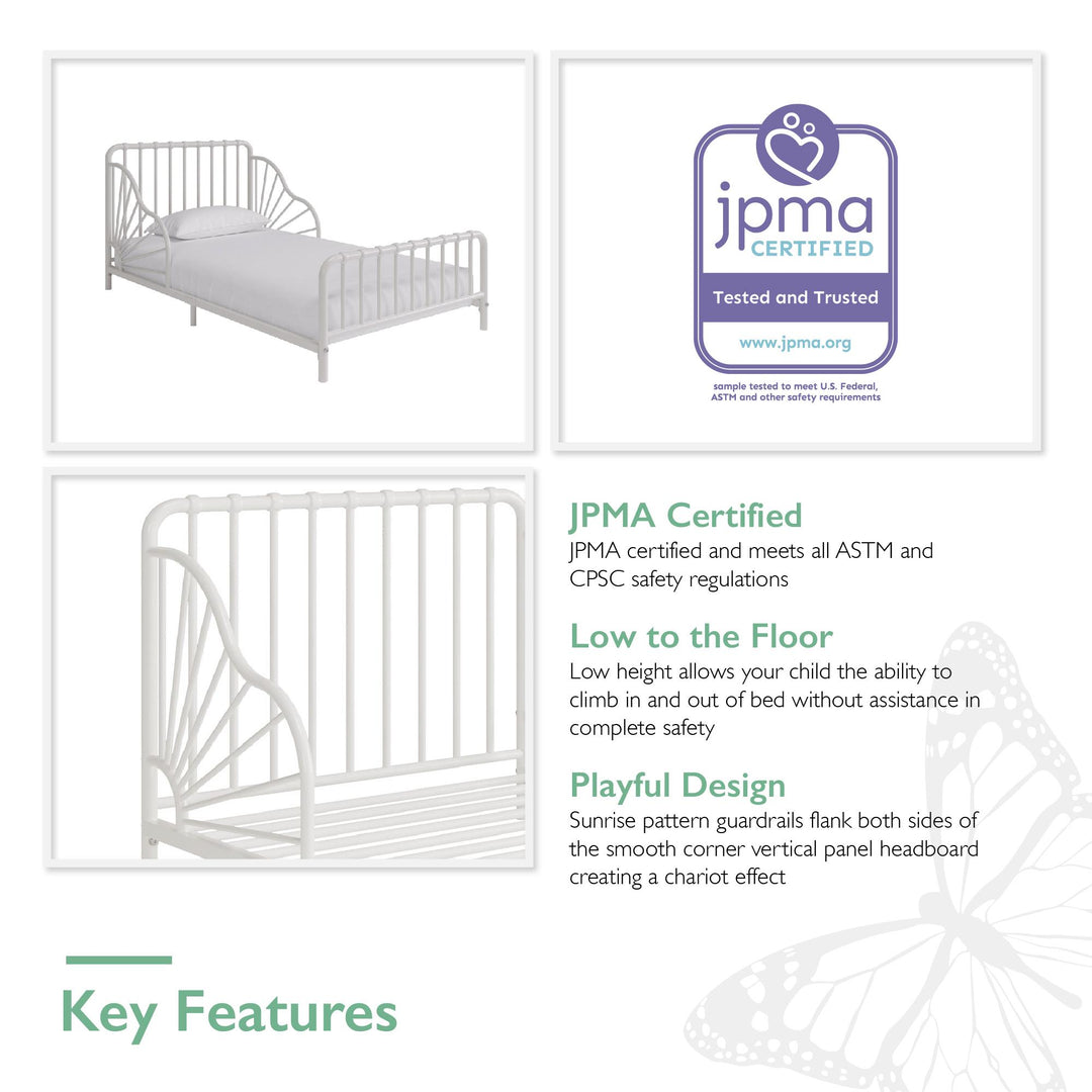 Little Seeds Quinn Whimsical Metal Toddler Bed, White - Off White - Crib & Toddler Mattress