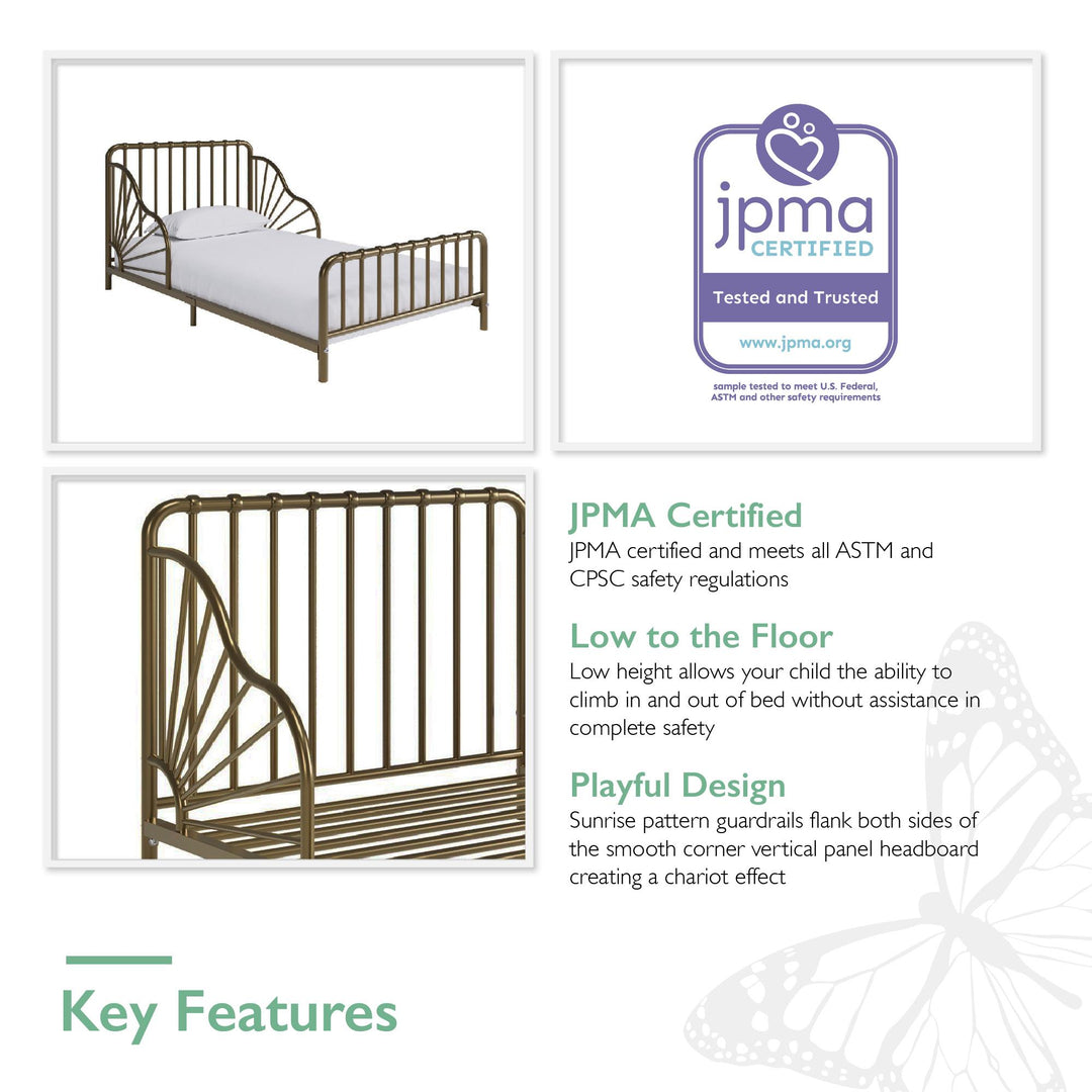 Quinn Whimsical Metal Toddler - Gold - Crib & Toddler Mattress