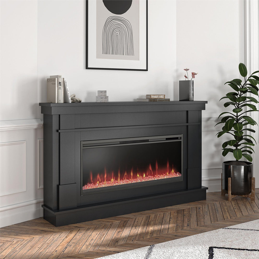 Waverly Wide Mantel with Linear Electric Fireplace & Crystal Ember Bed - Black