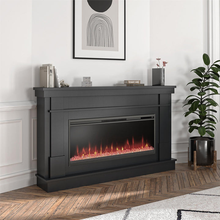 Waverly Wide Mantel with Linear Electric Fireplace & Crystal Ember Bed - Black