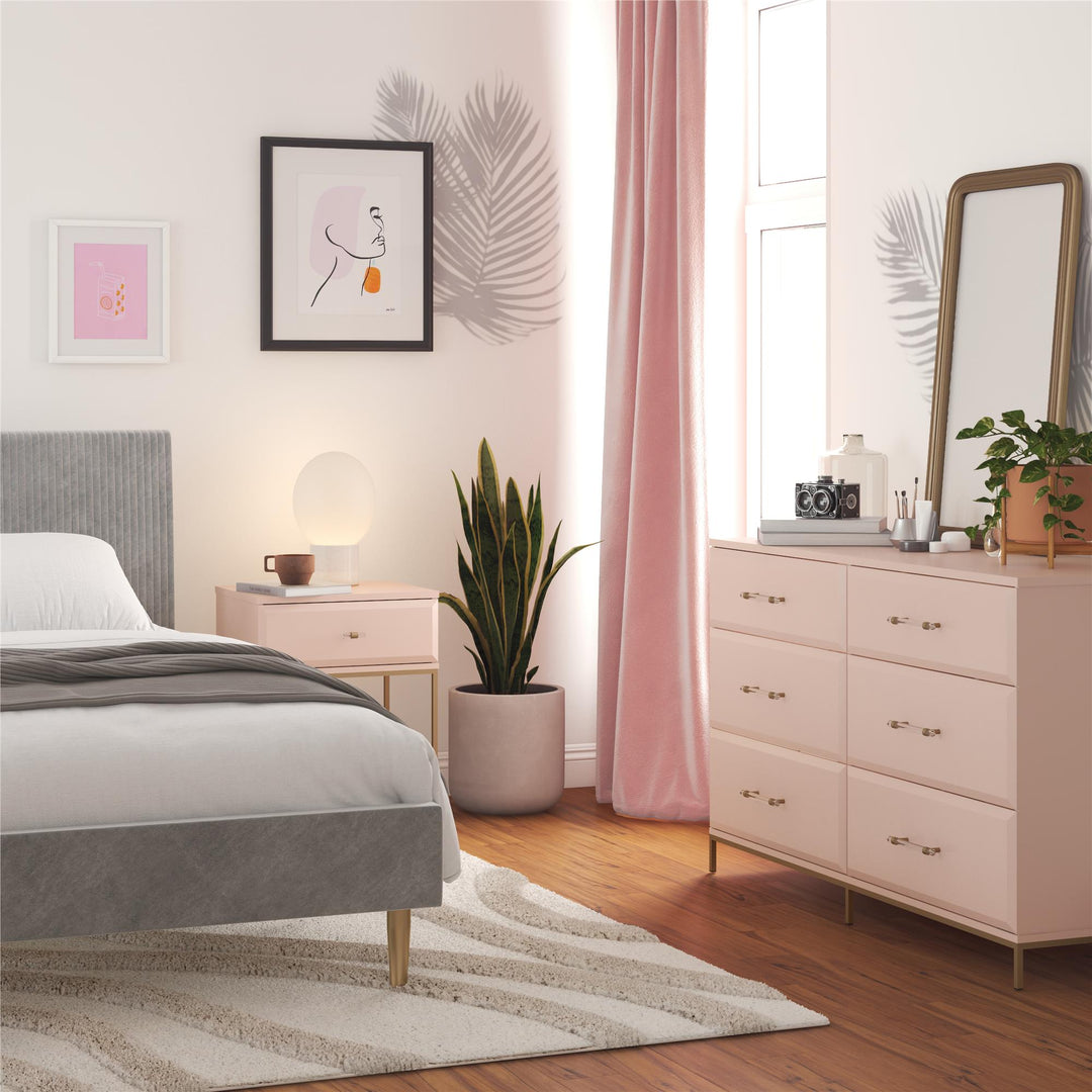 Effie 6 Drawer Dresser with Lucite Gold Pulls and a Gold Metal Legs - Pale Pink